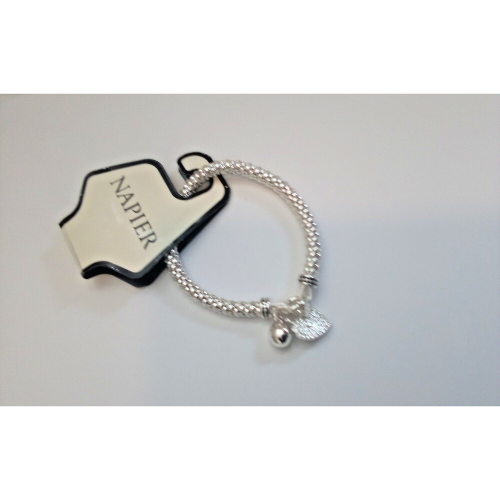 NWT Napier Silver Tone Popcorn Chain Pavé Heart Charm Stretch Bracelet New